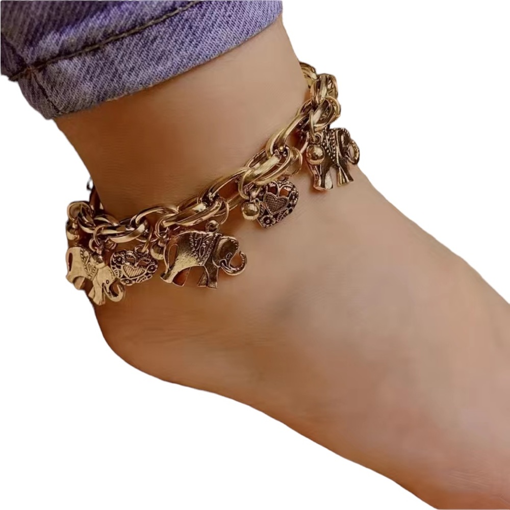 Vintage Style Gold Elephant and Charm Anklet